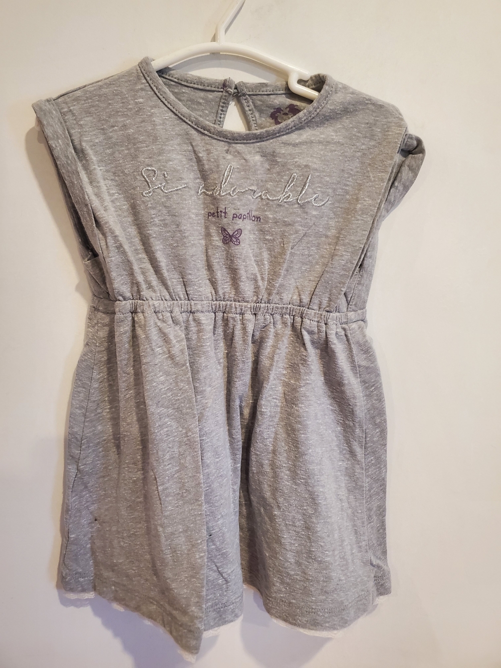 Gray Knit Girls' Casual Dress with Butterfly Embroidered Detail